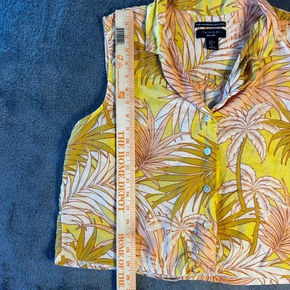 Tahari Women XL 100% Linen Sleeveless Shirt Yellow Tropical Palm Tree Resort - Picture 4 of 5